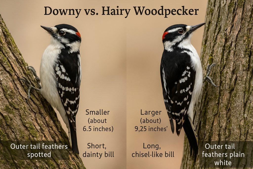 Downy vs. Hairy Woodpeckers IDs 1 How to tell a Downey Woodpecker from a Hairy Woodpecker