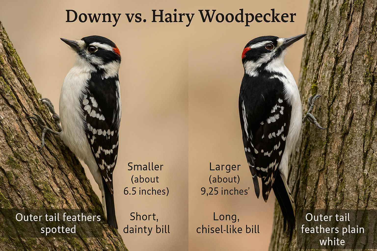 How to tell a Downey Woodpecker from a Hairy Woodpecker