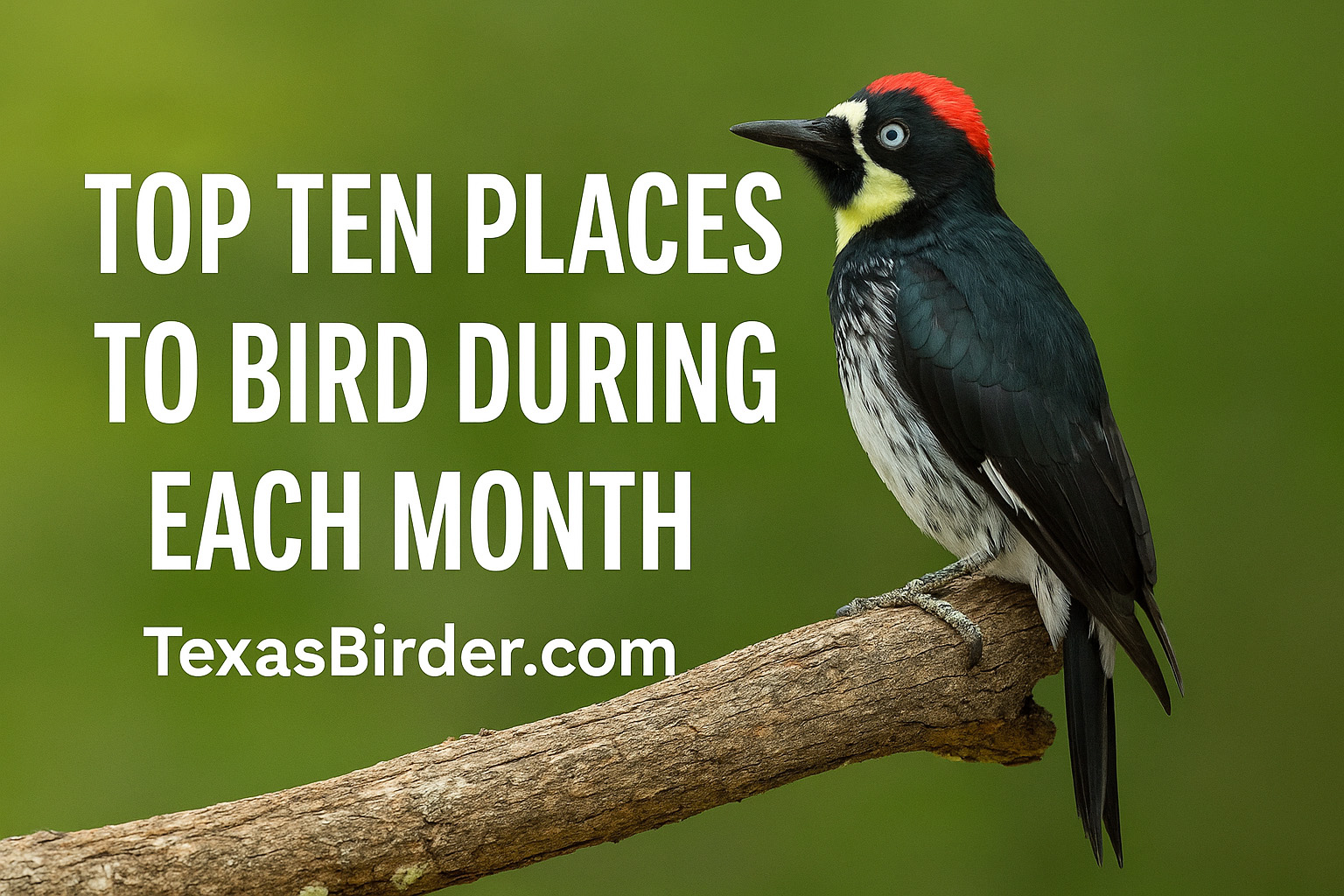Top Ten Places to Bird in Texas — Month by Month 1 From Whooping Cranes in January to Painted Buntings in July and shorebird spectacles in August, Texas birding never stops. Explore our month-by-month guides and discover the Top Ten places to bird in Texas all year long.