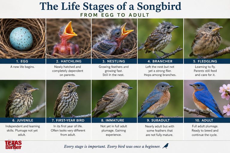 Bird stages of life; Nestlings to adults; names of baby birds, Texas Birder